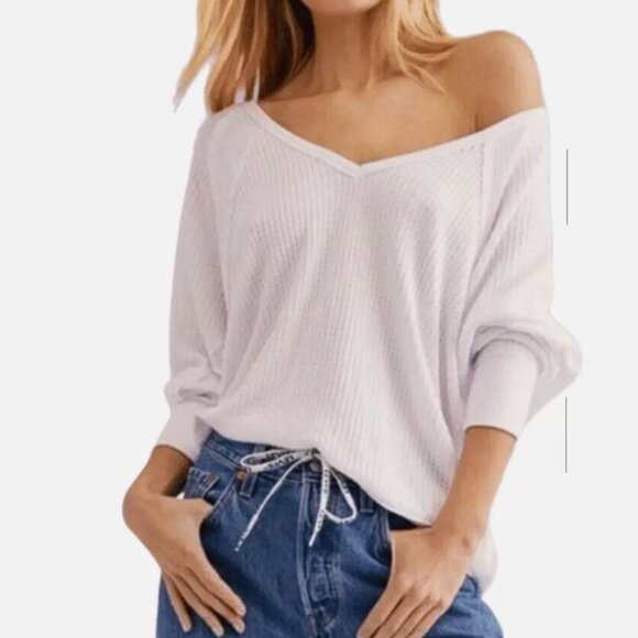 Free People Santa Clara Oversized Cream Ivory Thermal V-Neck Long Sleeve Top, M - Picture 3 of 6